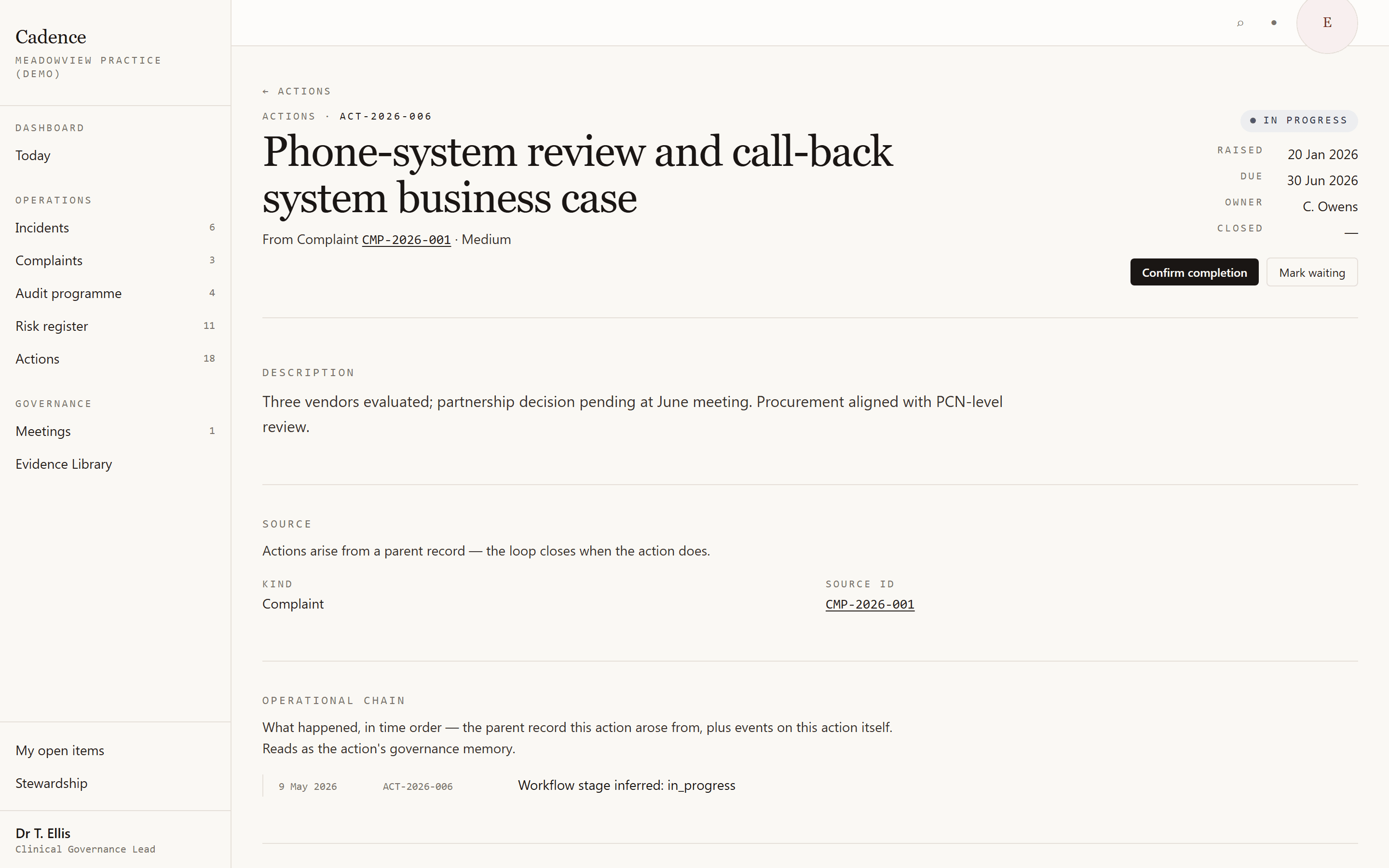 Cadence action detail: the phone-system review business case in progress, sourced explicitly from complaint CMP-2026-001, with the operational-chain panel showing the action's events in time order — the originating complaint and the workflow-stage transitions on the action itself, captioned 'reads as the action's governance memory'.