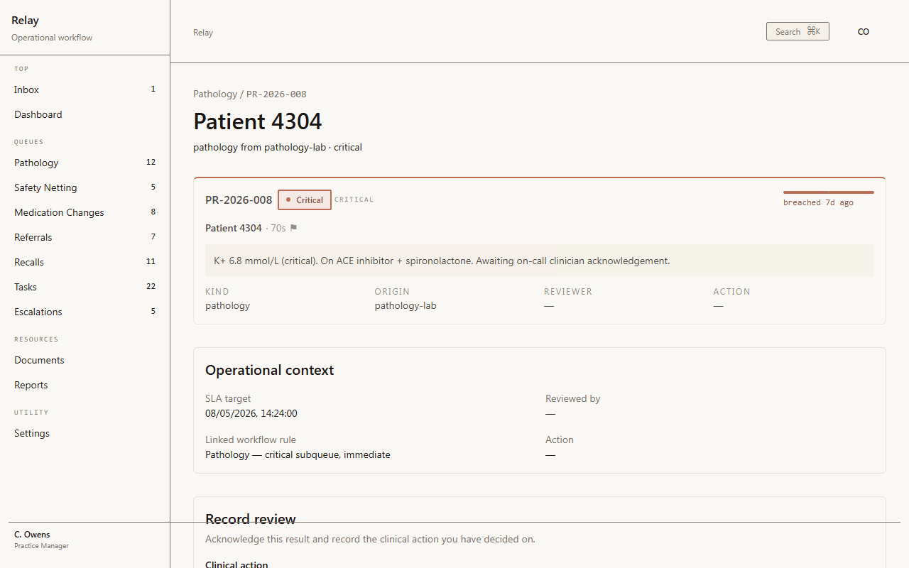 Relay pathology detail for PR-2026-008 (Patient 4304): the critical K+ 6.8 mmol/L result with kind / origin / reviewer / action metadata; operational context panel shows SLA target 08/05/2026 14:24:00, linked workflow rule (pathology — critical subqueue, immediate); Record review section prompts acknowledgement + clinical action.